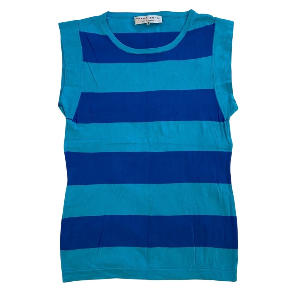 Trina Turk Women's Top Small Petite Blue Striped Cotton Blend‎ Short Sleeve